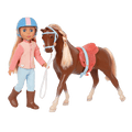 14-inch posable doll with blonde hair and blue eyes standing next to toy horse
