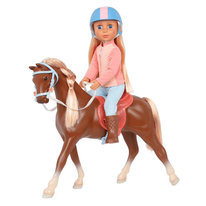 14-inch posable doll with blonde hair and blue eyes standing next to toy horse