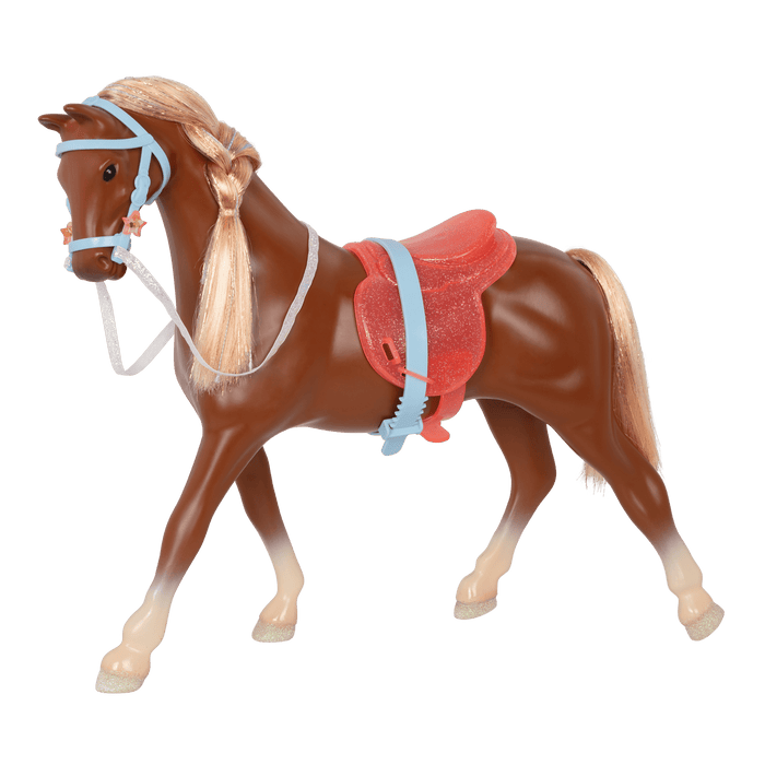 14-inch posable doll with blonde hair and blue eyes standing next to toy horse