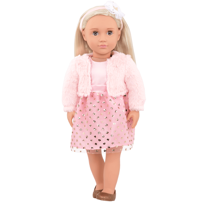 18-inch doll with blonde hair and gray-blue eyes