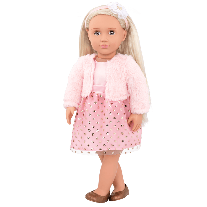 18-inch doll with blonde hair and gray-blue eyes