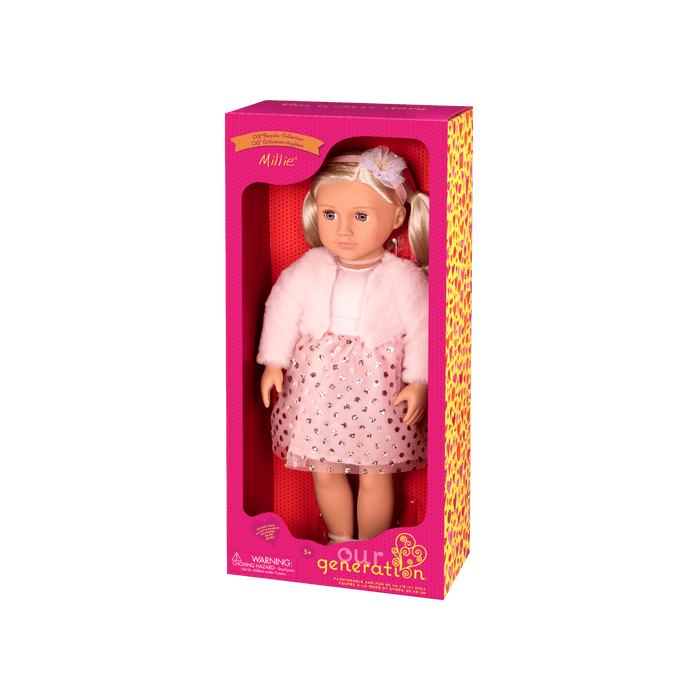 18-inch doll with blonde hair and gray-blue eyes
