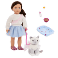 Our Generation 18" Doll Mindy, her Pet Cat Pepper and cat accessories