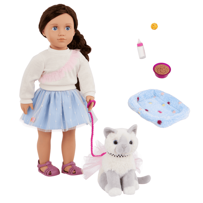 Our Generation 18" Doll Mindy, her Pet Cat Pepper and cat accessories