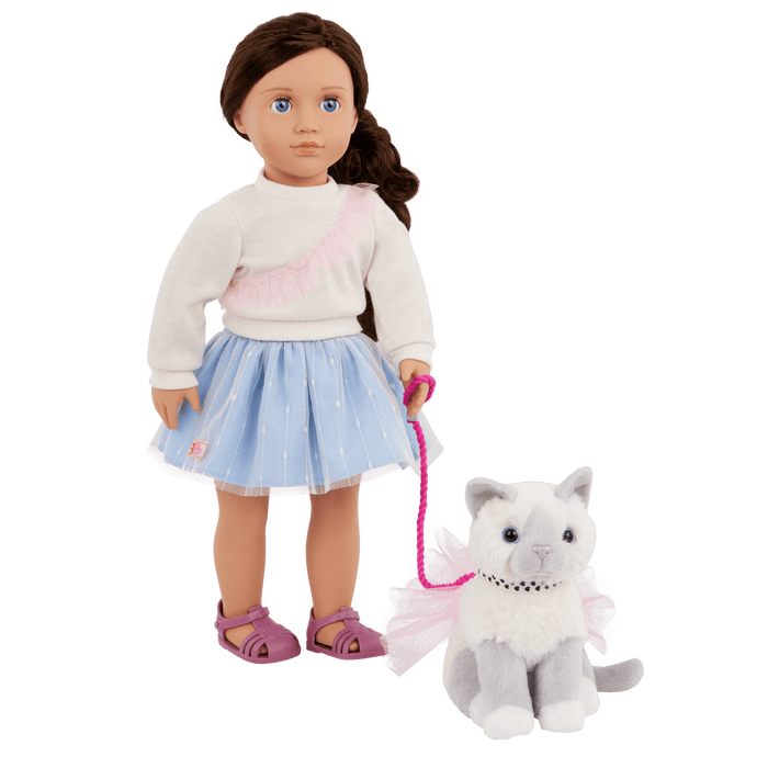 Our Generation 18" Doll Mindy, her Pet Cat Pepper and cat accessories
