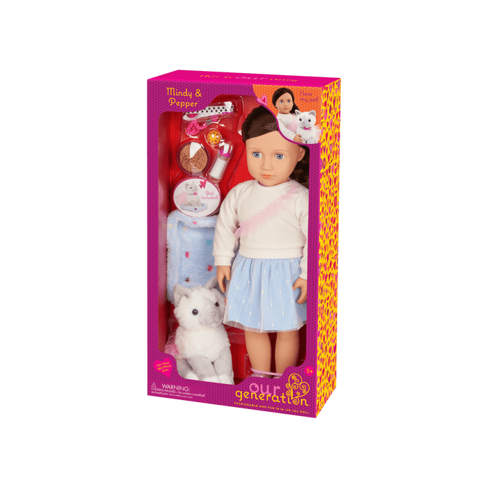 Our Generation 18" Doll Mindy, her Pet Cat Pepper and cat accessories