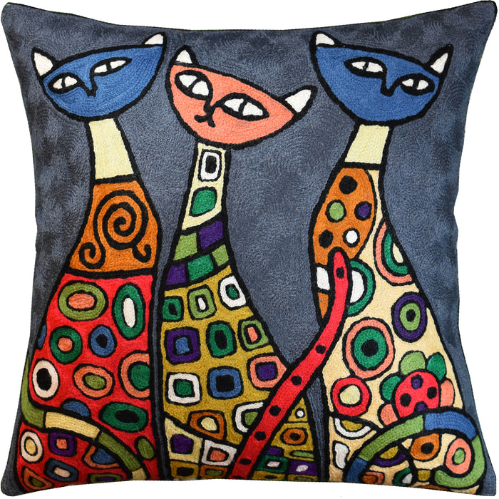 Modern Cats Dark Gray Kitties Triplets Accent Pillow Cover Handmade Wool 18x18" - KashmirDesigns