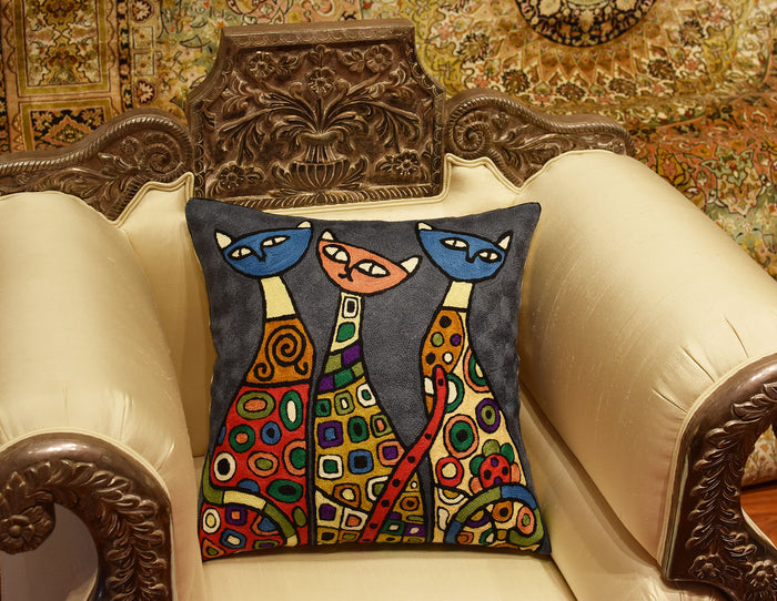 Modern Cats Dark Gray Kitties Triplets Accent Pillow Cover Handmade Wool 18x18" - KashmirDesigns