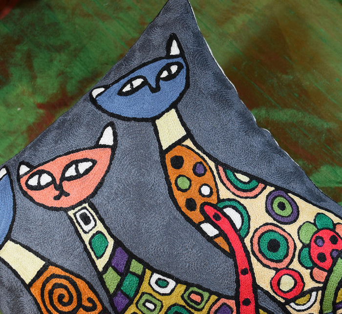 Modern Cats Dark Gray Kitties Triplets Accent Pillow Cover Handmade Wool 18x18" - KashmirDesigns