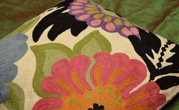 Modern Floral Design Pillow Cover I Hand Embroidered Wool 18x18" - KashmirDesigns