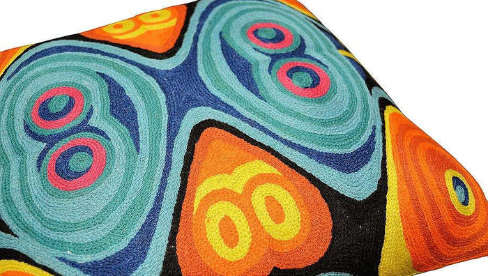 Modern Fusion Design Pillow Cover Hand Embroidered Wool 18" x 18" - KashmirDesigns