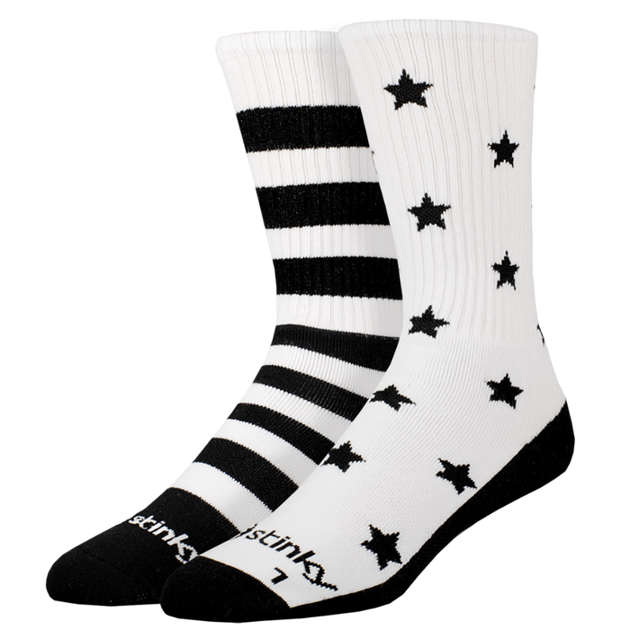 White socks with black stripes and stars on a white background