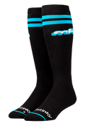 Black knee-high socks with blue stripes and branding on a white background