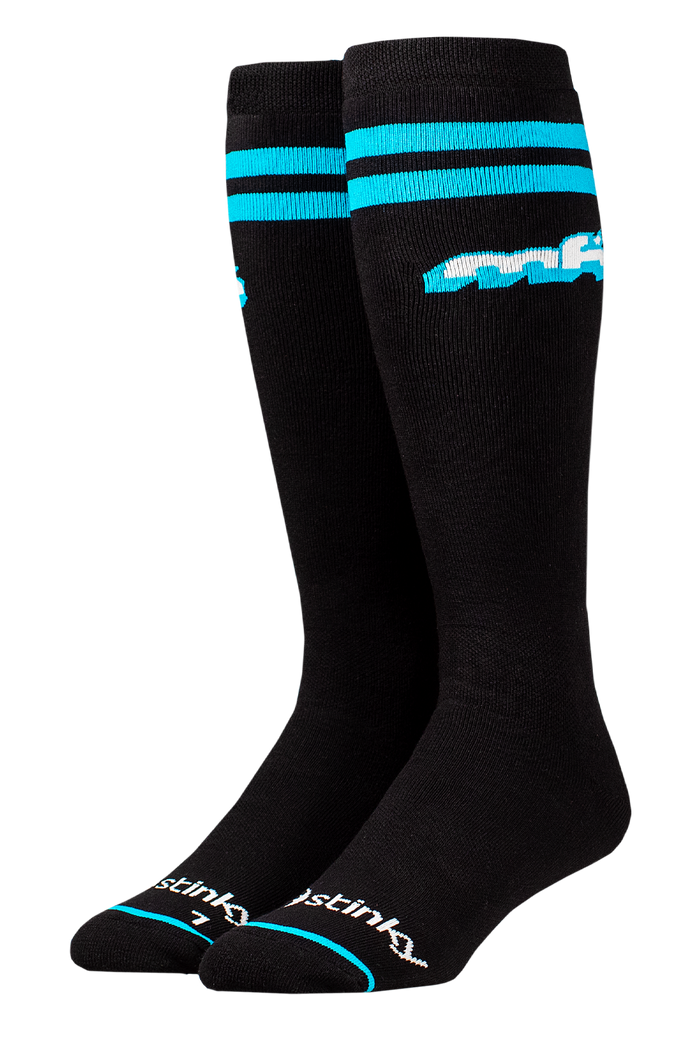 Black knee-high socks with blue stripes and branding on a white background