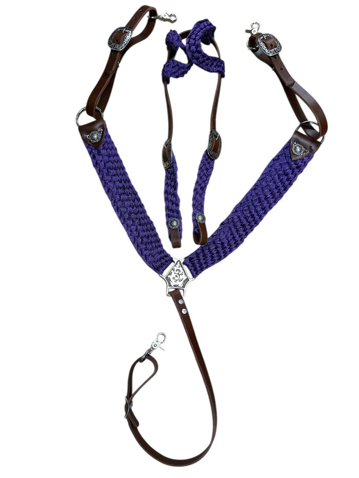 Mule tape horse tack set with breast collar and two ear headstall with conchos and Jeremiah Watt buckles