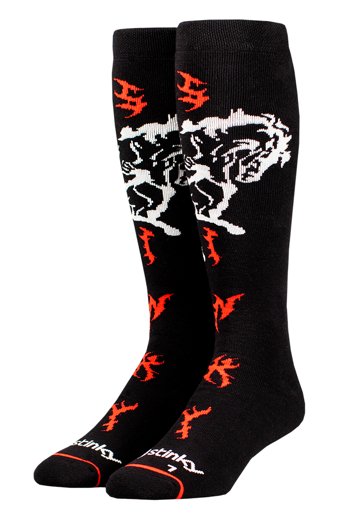 Black knee-high socks with red and white designs on a white background