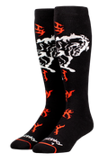 Black knee-high socks with red and white designs on a white background