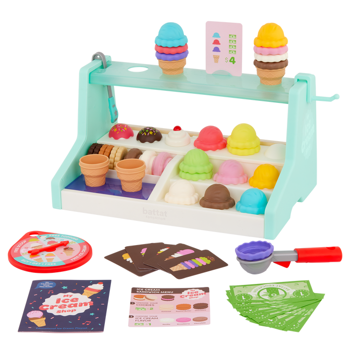Ice cream counter playset with play scooper, play money, and educational accessories.