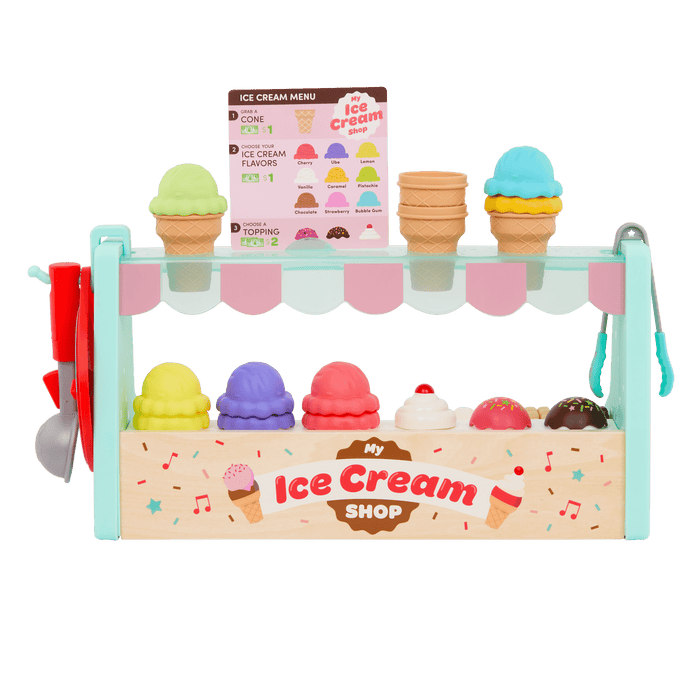 Ice cream counter playset with play scooper, play money, and educational accessories.