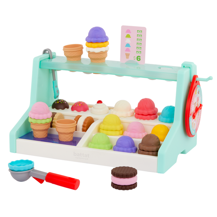 Ice cream counter playset with play scooper, play money, and educational accessories.