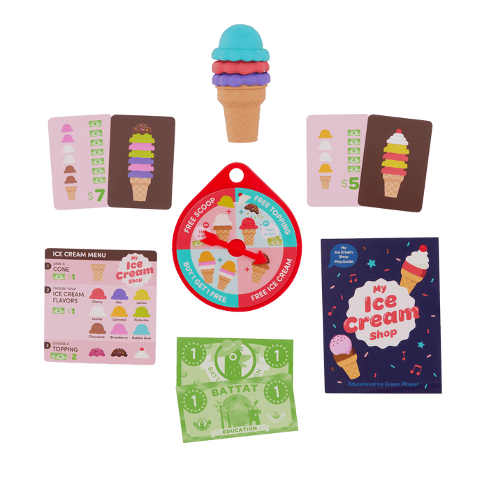Ice cream counter playset with play scooper, play money, and educational accessories.