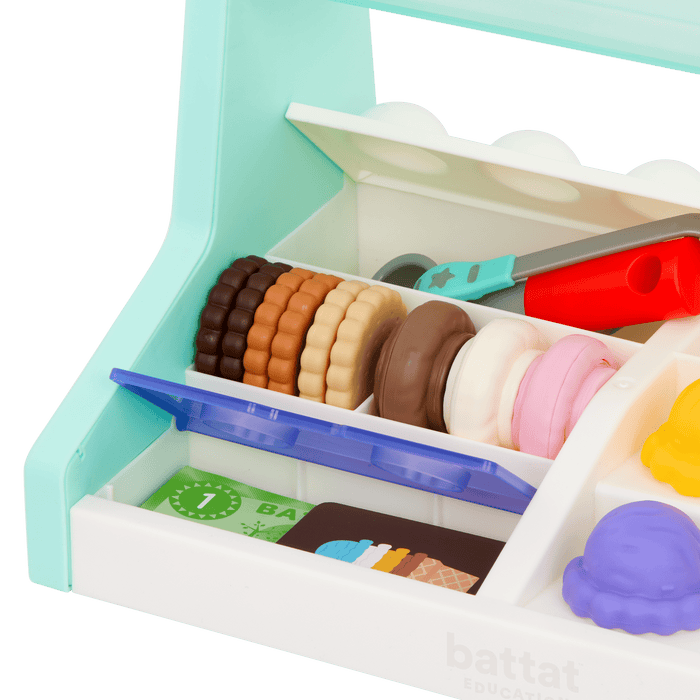 Ice cream counter playset with play scooper, play money, and educational accessories.