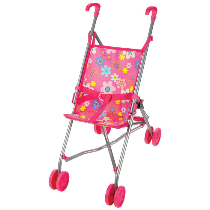The My Sweet Baby Doll Stroller by My Sweet Baby features a pink frame, floral-patterned seat, pink handles, and four sets of pink wheels—perfect for children to push their favorite dolls or stuffed animals.