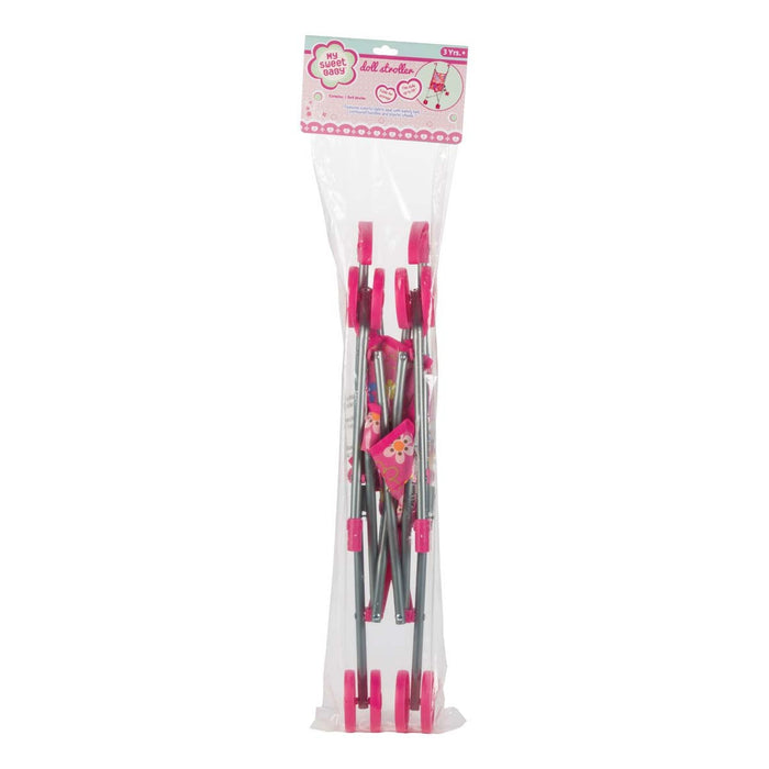 The My Sweet Baby Doll Stroller by My Sweet Baby is pink and silver, packaged in clear plastic with a pink header card labeled "My Sweet Baby Doll Stroller" and "3 Yrs.+".