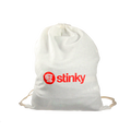 White drawstring bag with 'stinky' logo on a white background