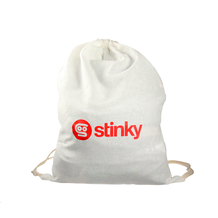 White drawstring bag with 'stinky' logo on a white background