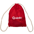 Red drawstring bag with 'stinky' logo on a white background