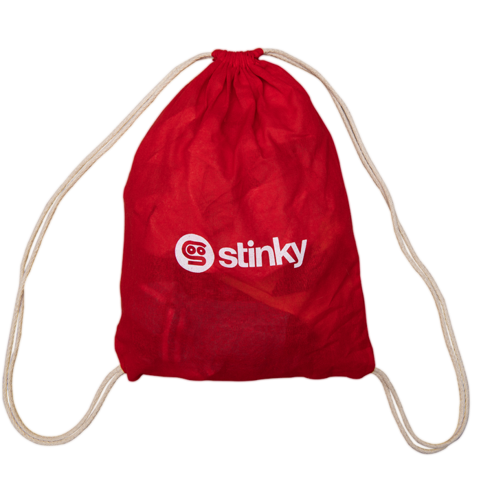 Red drawstring bag with 'stinky' logo on a white background