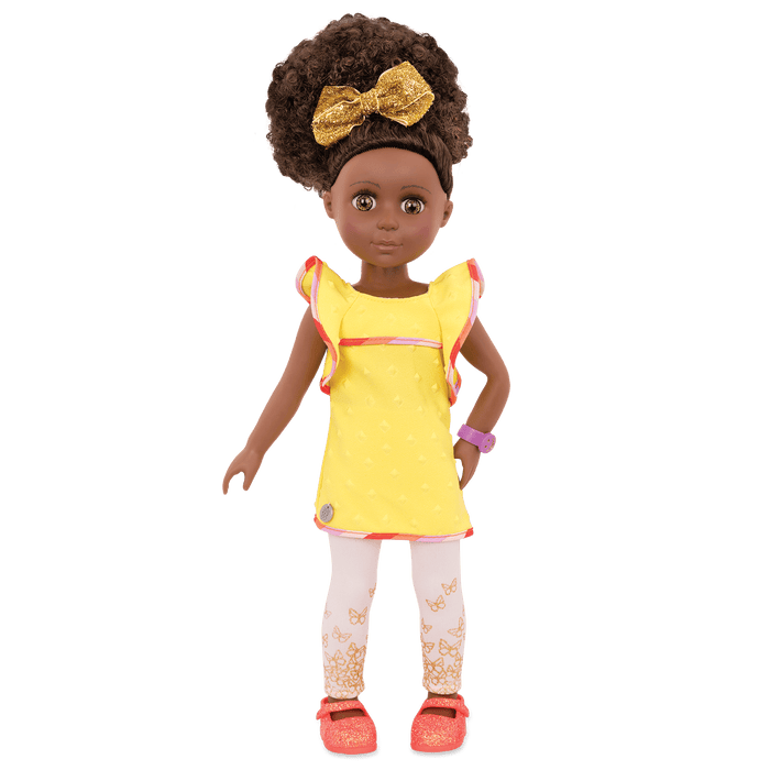 14-inch posable doll with brown hair and hazel eyes