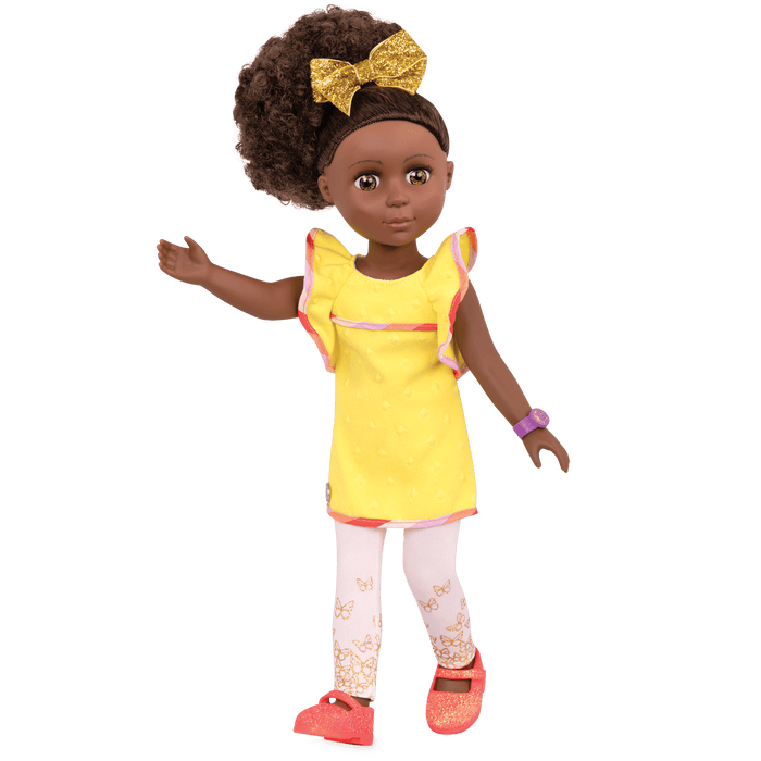 14-inch posable doll with brown hair and hazel eyes