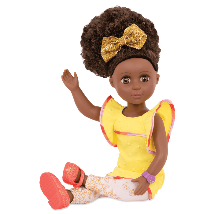 14-inch posable doll with brown hair and hazel eyes