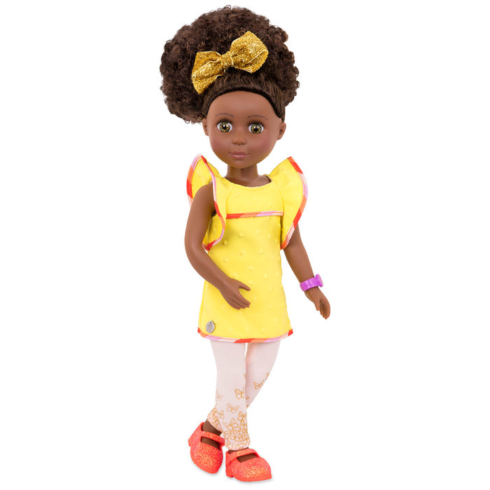 14-inch posable doll with brown hair and hazel eyes