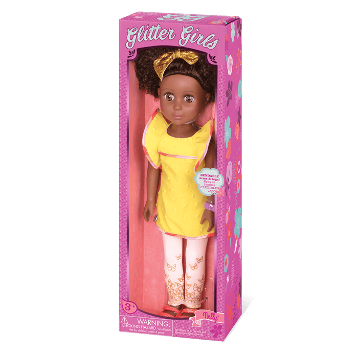 14-inch posable doll with brown hair and hazel eyes