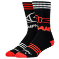 Two black socks with red and white accents on a white background. Netflix x Stinky Socks