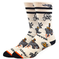 Beige sock with black and orange designs on a white background