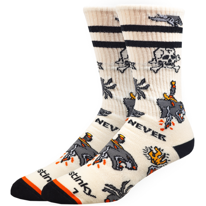 Beige sock with black and orange designs on a white background