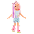14-inch posable doll with pink hair and brown eyes with extension