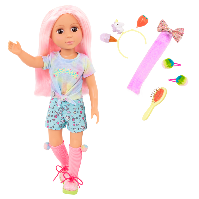 14-inch posable doll with pink hair and brown eyes with extension