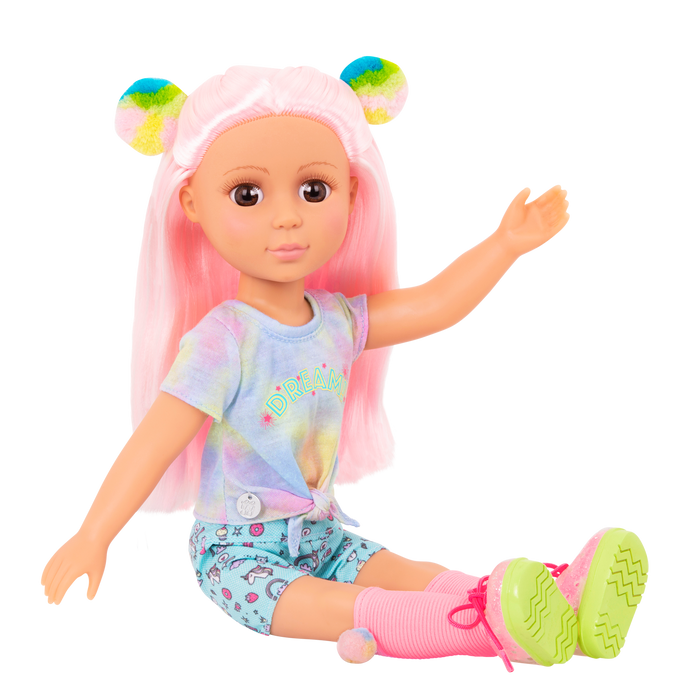 14-inch posable doll with pink hair and brown eyes with extension