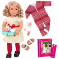 18-inch holiday doll with blonde hair, brown eyes, Christmas accessories and storybook