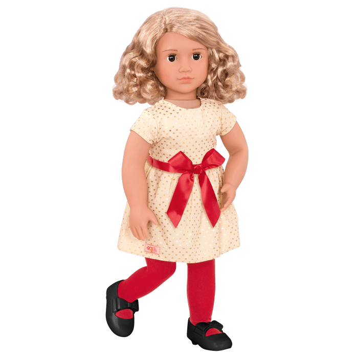 18-inch holiday doll with blonde hair, brown eyes, Christmas accessories and storybook