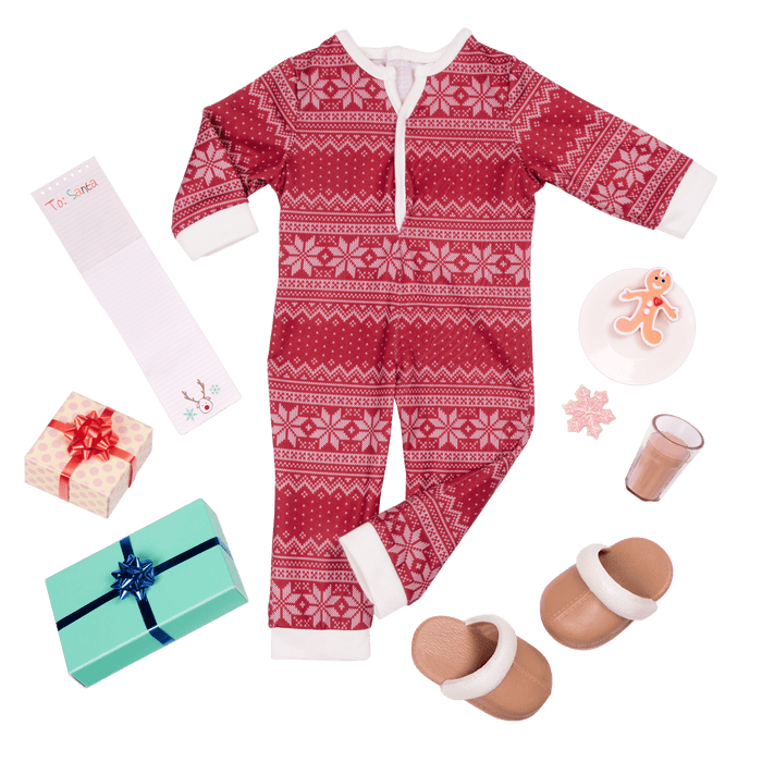 18-inch holiday doll with blonde hair, brown eyes, Christmas accessories and storybook