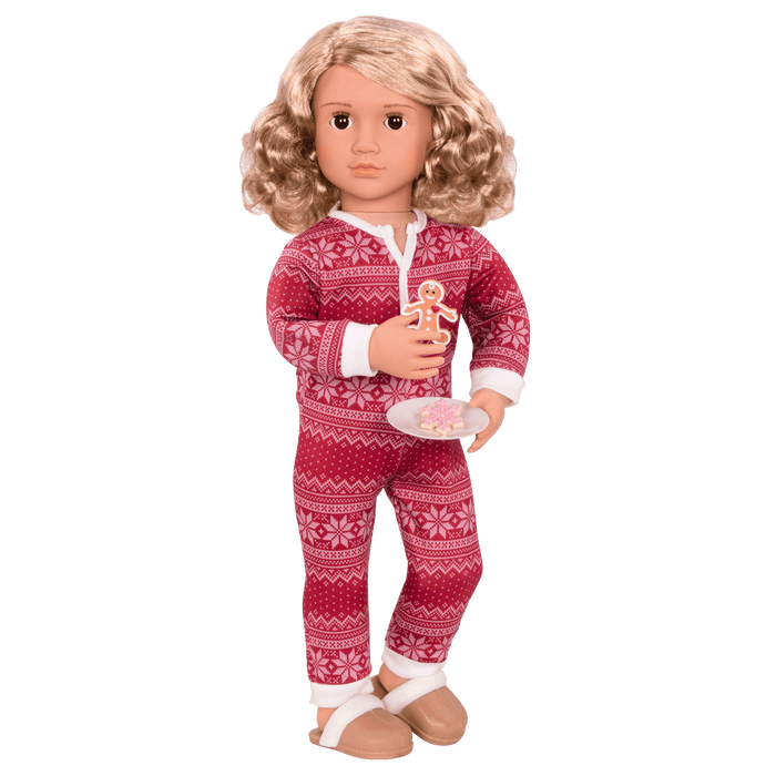 18-inch holiday doll with blonde hair, brown eyes, Christmas accessories and storybook