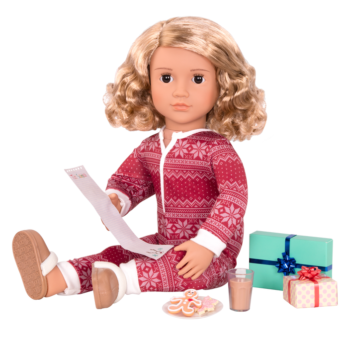 18-inch holiday doll with blonde hair, brown eyes, Christmas accessories and storybook