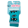 Teal dog toy with eye designs in packaging featuring the brand 'Stinky'.
