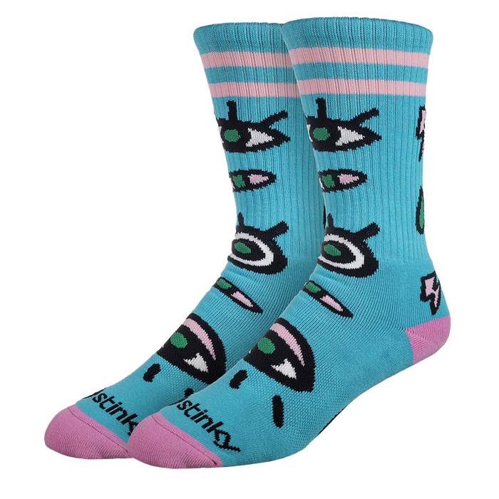 Pair of blue socks with pink accents and fish pattern on a white background